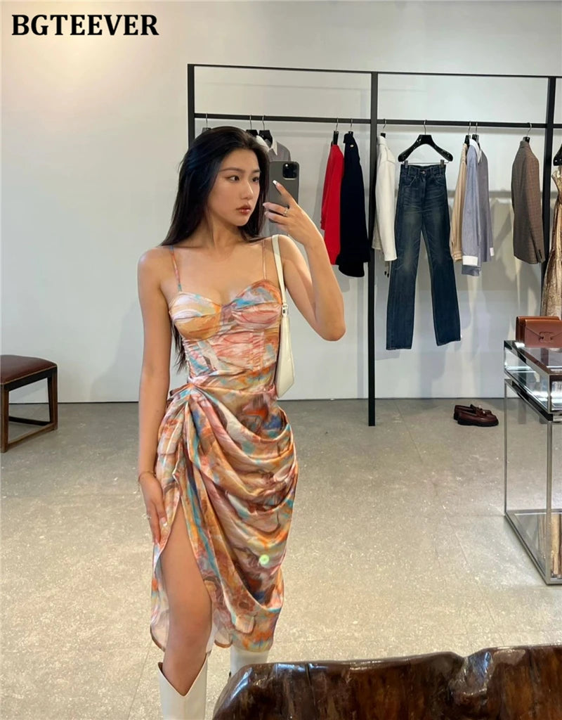 BGTEEVER Summer Fashion Slim Women Spaghetti Strap Midi Printed Dress Elegant Ladies Sleeveless Side Split Bodycon Dress