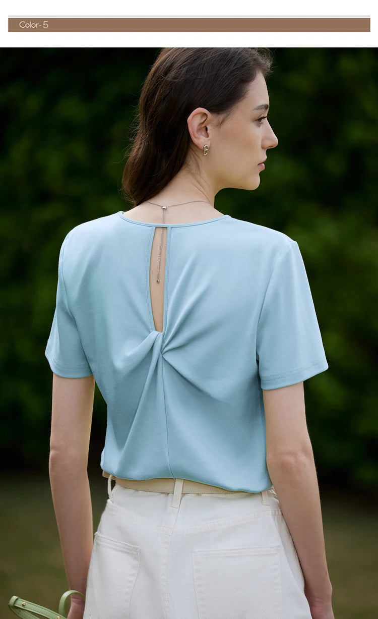 AMII Minimalism 100% Cotton Hollow Out Solid Short Sleeves Tees 2025 Spring New V Neck Top Women Casual Female T Shirt 12342289