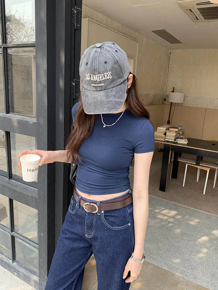 Basic Solid Crop Top Short Sleeve Crewneck Skinny T-shirt Summer Casual Tee for Women y2k Vintage Top Harajuku Streetwear
