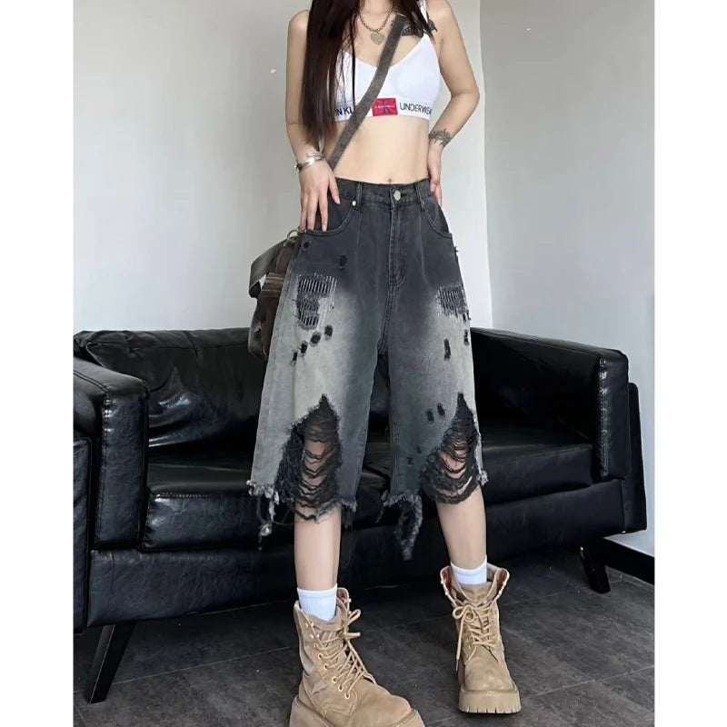 Zoki Harajuku Hole Y2K Denim Shorts Women Streetwear Vintage Gradient Jeans Shorts American Retro Bf Hip Hop Design Shorts New