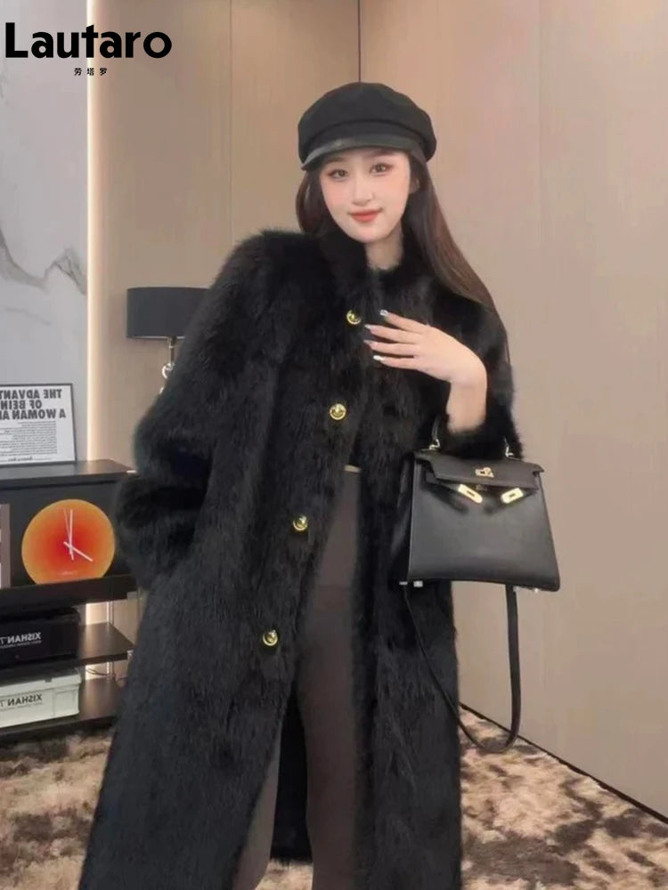Lautaro Autumn Winter Long Thick Warm Hairy Soft Faux Fox Fur Coat Women Stand Collar Elegant Luxury Chic Fluffy Jacket 2024