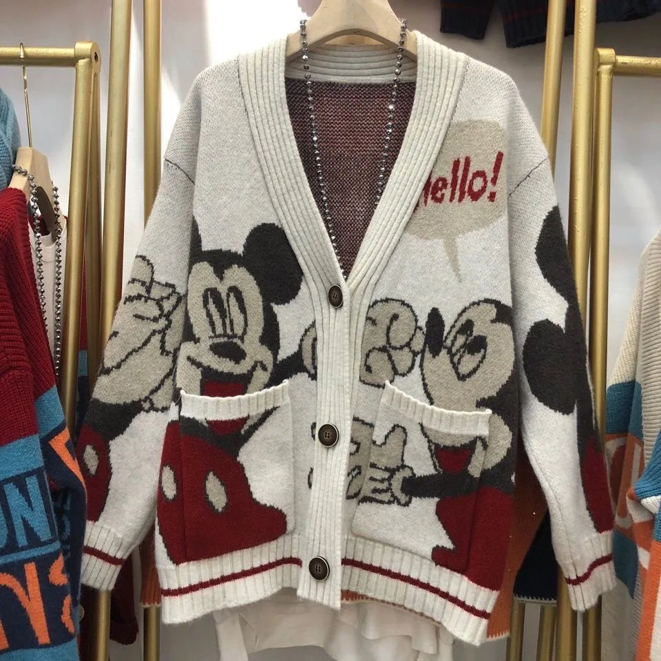 Disney Knitted Cardigan Japanese Donald Cartoon Sweaters for Women Coat Female Autumn and Winter Loose Wild Thicken Kawaii Tops