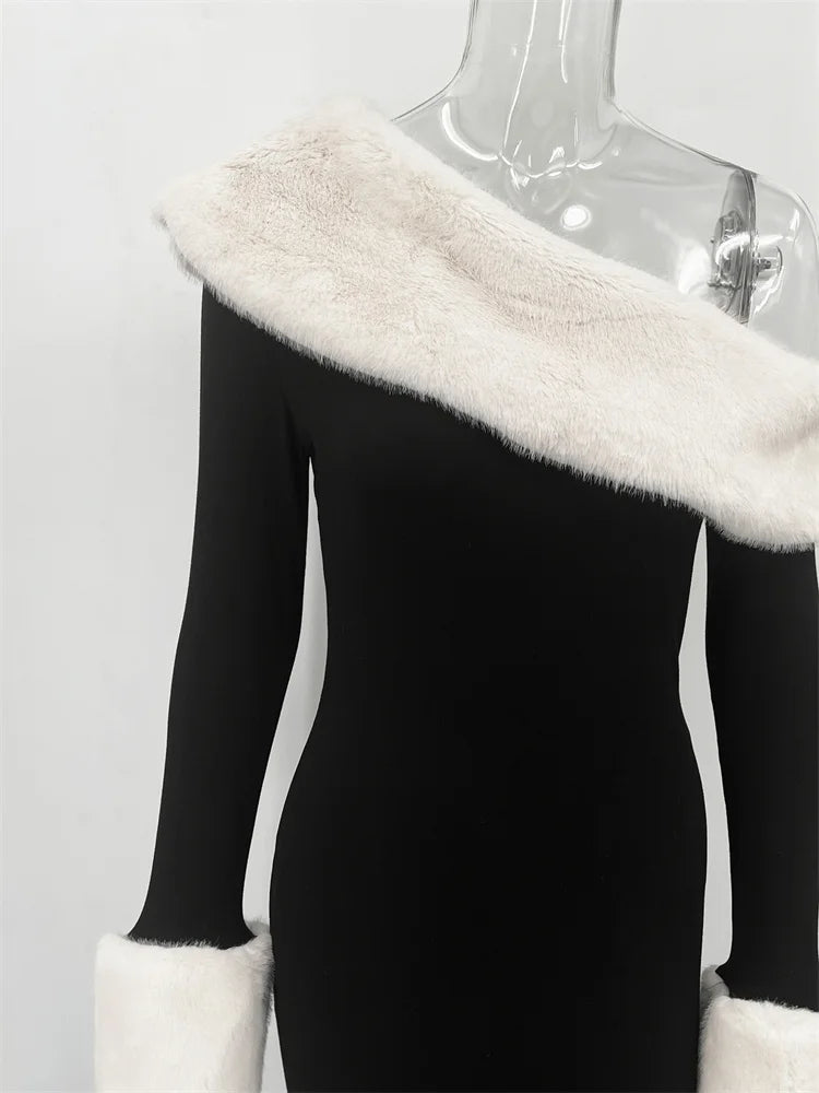 Tossy Fluffy Winter Slim Maxi Dress Female High Waist Long Sleeve Sexy Off-Shoulder Patchwork Bodycon Dress Ladies Party Dress