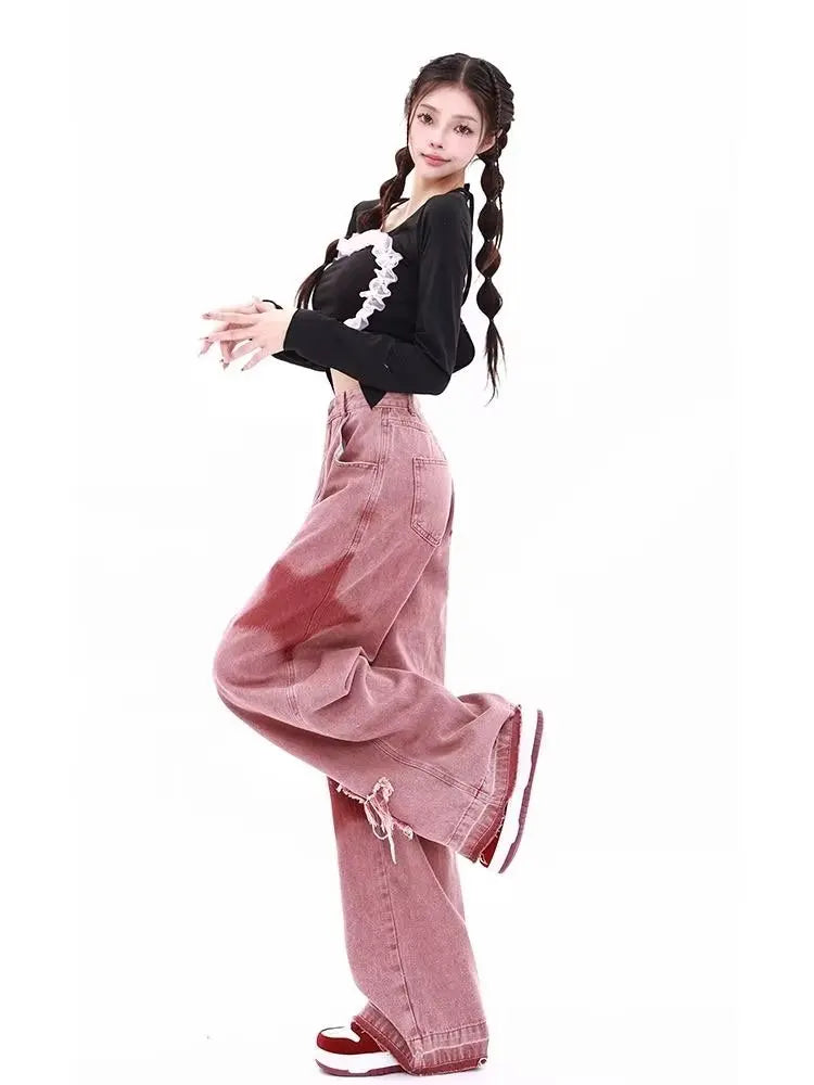 American Retro Jeans Five-point Star Raw Edge Splicing Loose Wide-leg Jeans Women Look Thin Trendy All-match Mopping Pants Women