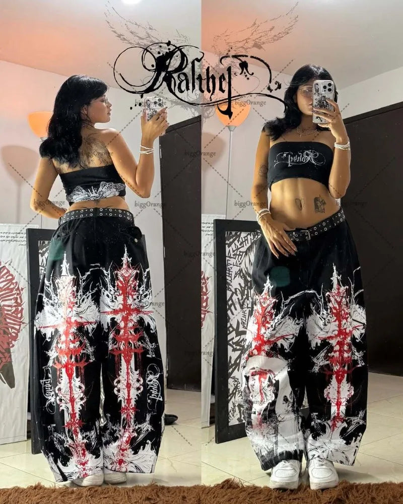 Gothic Retro Harajuku Cross Print Baggy High Waist Black Jeans Women Hip-hop Trendy Casual Wide-leg Punk Y2K Streetwear Trousers