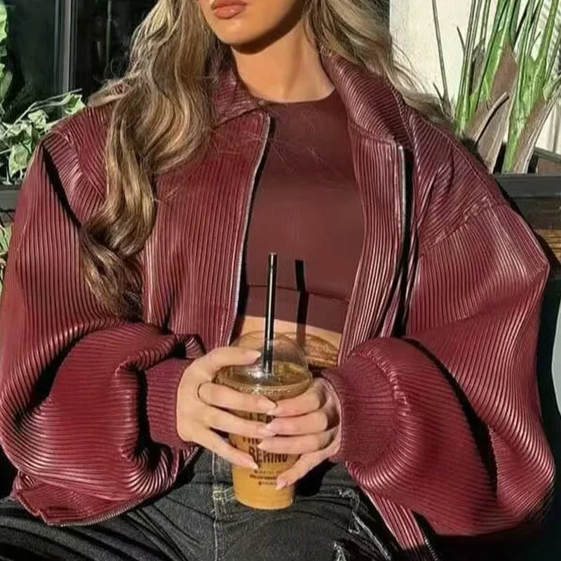Faux Leather Jackets Women's Coat Wine Red Outwear Solid Long Sleeve Tops inszart 2025 With Zipper Streetwear Fashion Woman Coat