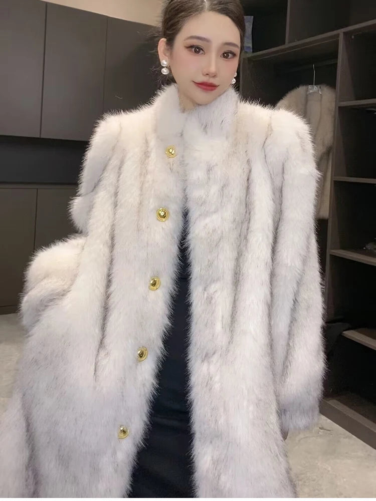Lautaro Autumn Winter Long Thick Warm Hairy Soft Faux Fox Fur Coat Women Stand Collar Elegant Luxury Chic Fluffy Jacket 2024
