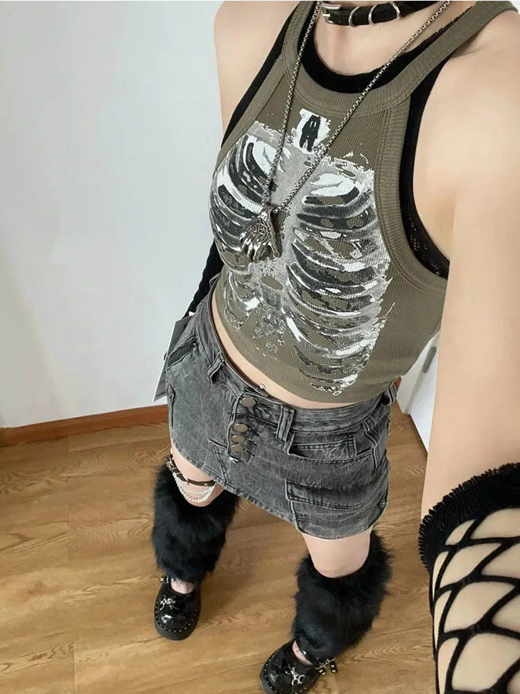 Punk Aesthetic Cyber Retro X-ray Skeleton Print Rib Sleeveless Vest ArmyGreen Crop Top Designer Clothes Women 2023 Summer Emo