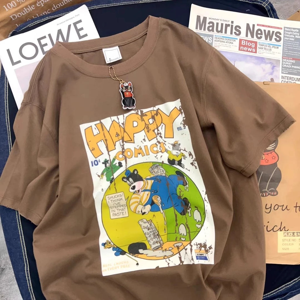 Retro Japanese Cartoon Print Loose ort Sve T-irt Women's Summer Korean Sle Chic Hong Kong Sle Student f Sve Top