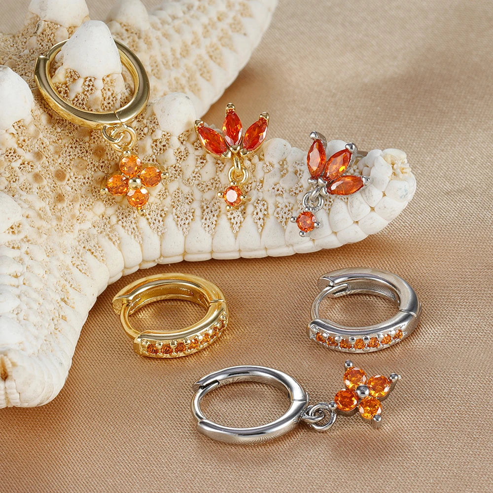 3PCS Fashion Orange Blue Zircon Hanging Earrings Set for Women Stainless Steel Flower Dangle Earring Piercing Jewelry