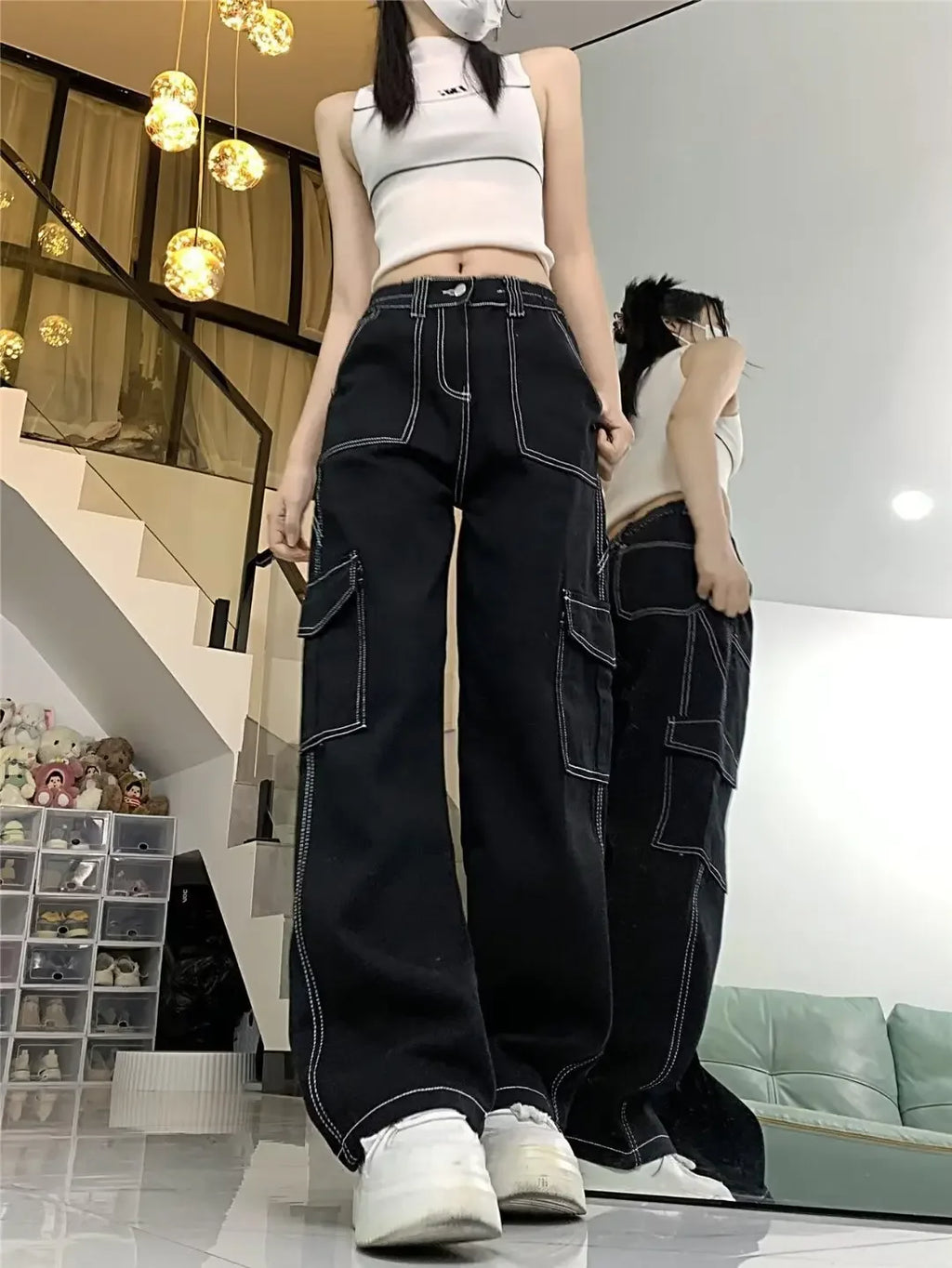 Jeans Women's Straight-leg Loose-fit Spring Autumn/winter 2024 New High-waisted Slimming Petite Wide-leg Cargo Pants