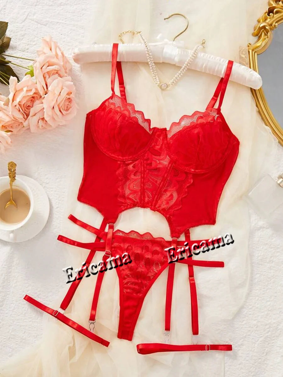 Lace Erotic Lingerie Set Bow Decor Strappy Hollow Out Intimates Bra & Thong & Garter Belt, Women's Sexy Lingerie & Underwear