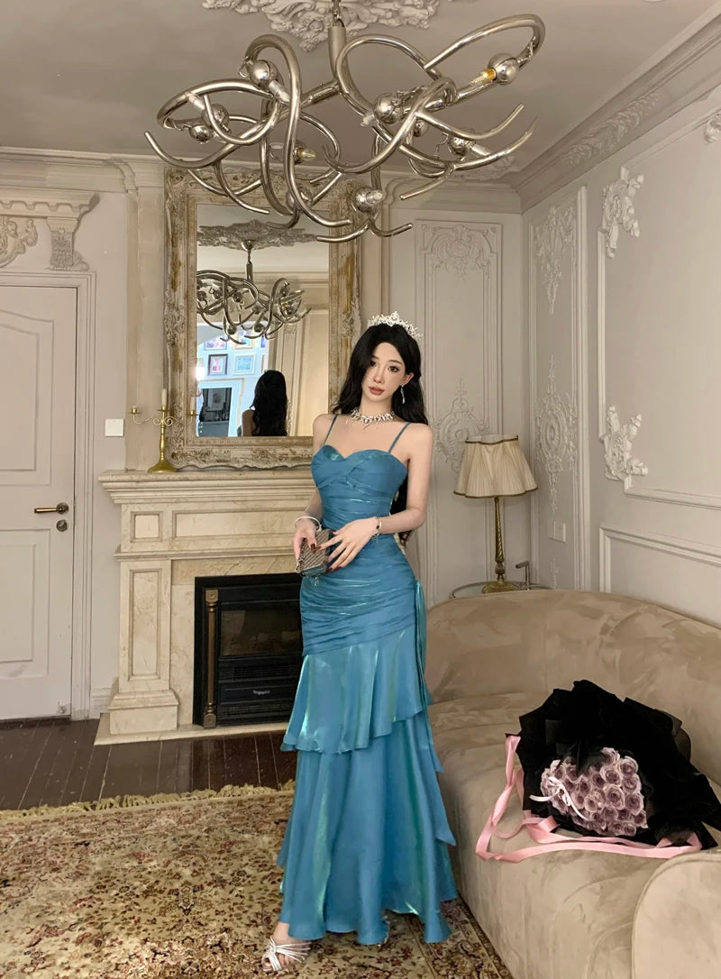 Sexy Shiny Glitter Mermaid Evening Party Prom Gowns Spring Summer Spaghetti Strap Ruffled Dresses Sleeveless Slim Waist Robe