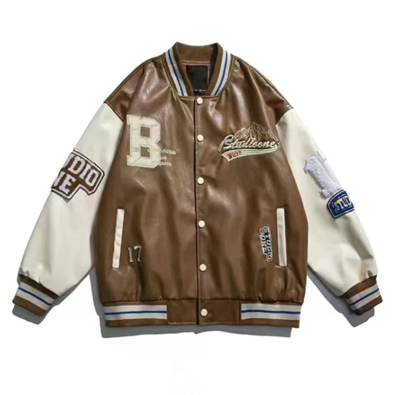 American retro letter embroidery leather Jacket Coat women's Y2K street hip-hop trend baseball suit couple casual leather jacket