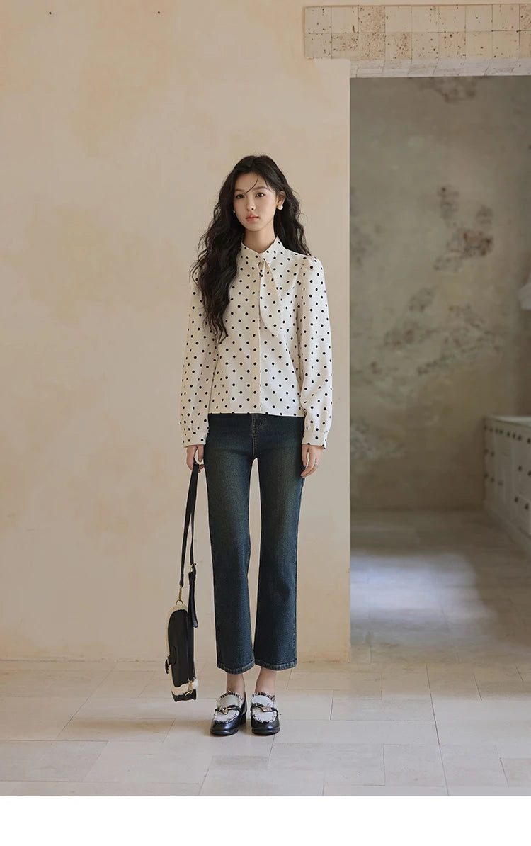 MISHOW Wave Point Long Sleeve Brushed Blouse Rabbit Ear Collar 2024 Winter Women Clothes Temperament Thickened Shirts MXD56X1697