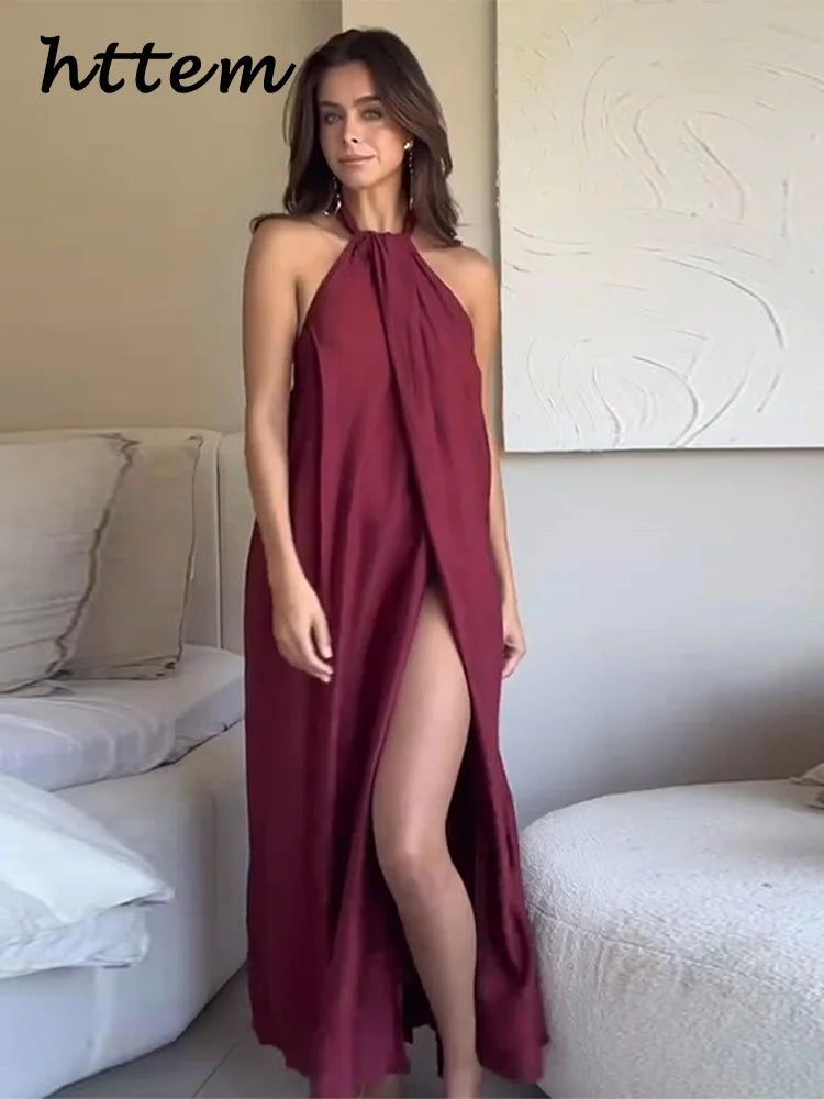 Elegant Halter Long Holiday Dress Women Loose Pleated Sleeveless Backless Slit Lace Up Party Dresses 2025 Summer Lady Beach Robe