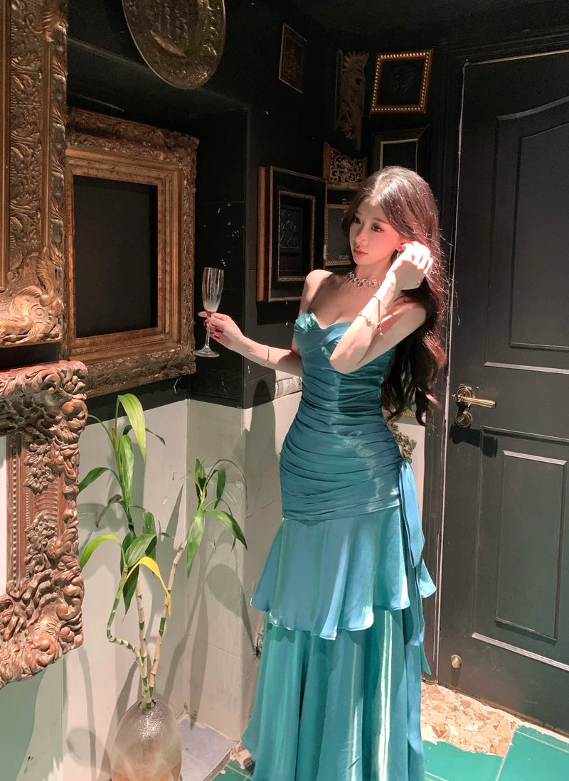 Sexy Shiny Glitter Mermaid Evening Party Prom Gowns Spring Summer Spaghetti Strap Ruffled Dresses Sleeveless Slim Waist Robe