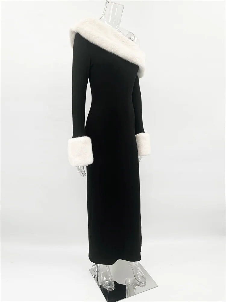 Tossy Fluffy Winter Slim Maxi Dress Female High Waist Long Sleeve Sexy Off-Shoulder Patchwork Bodycon Dress Ladies Party Dress