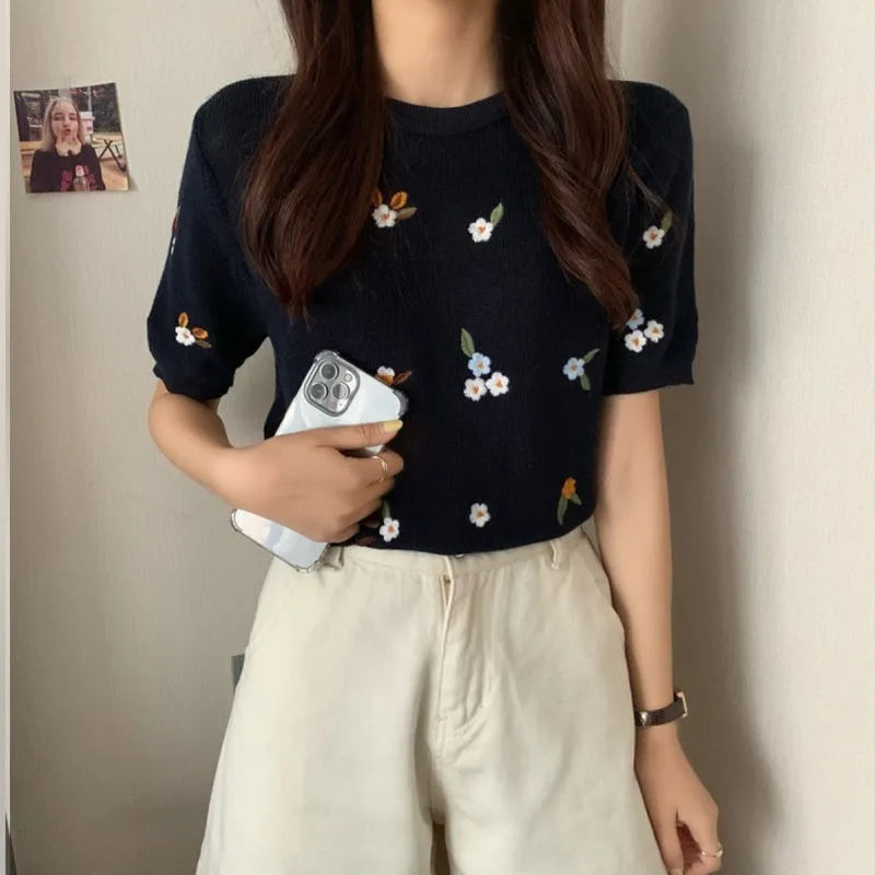 Trendy Ice Silk Knitted Top Women's Embroidery Short Sleeves Heavy Duty Crew Neck Top Niche Design Sensibility