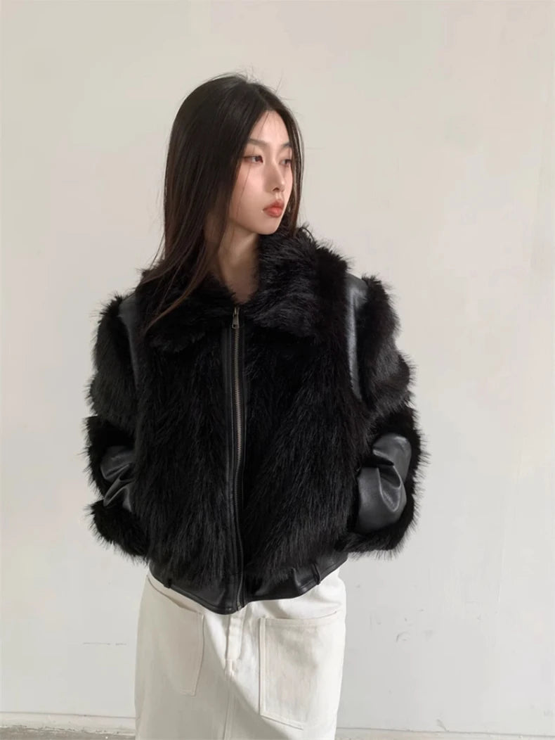 Lautaro Autumn Winter Cool Short Black Soft Thickened Warm Hairy Shaggy Patchwork Faux Fox Fur Coat Women Fluffy Jacket 2023