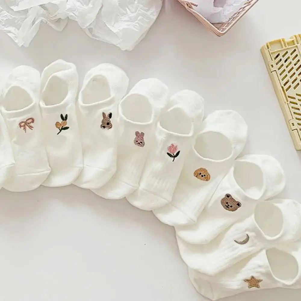 10 Pairs Women's boat socks summer white animal and plant cute embroidery invisible socks silicone anti slip socks