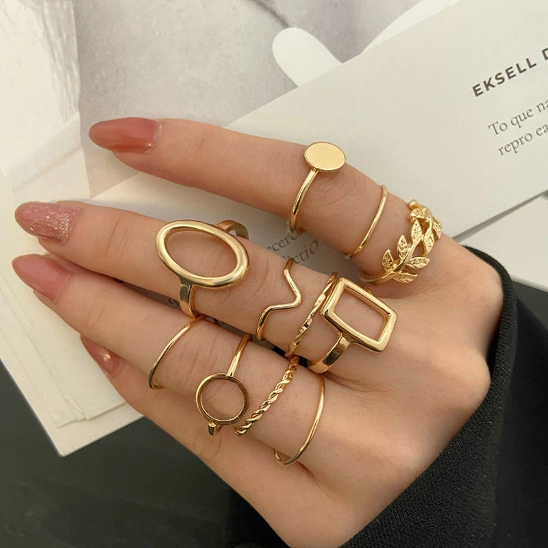Vintage Shiny Zircon Butterfly Heart Ring Set Gold Color Boho Elegant Eyes Moon Geometric Rings Women Party Jewelry