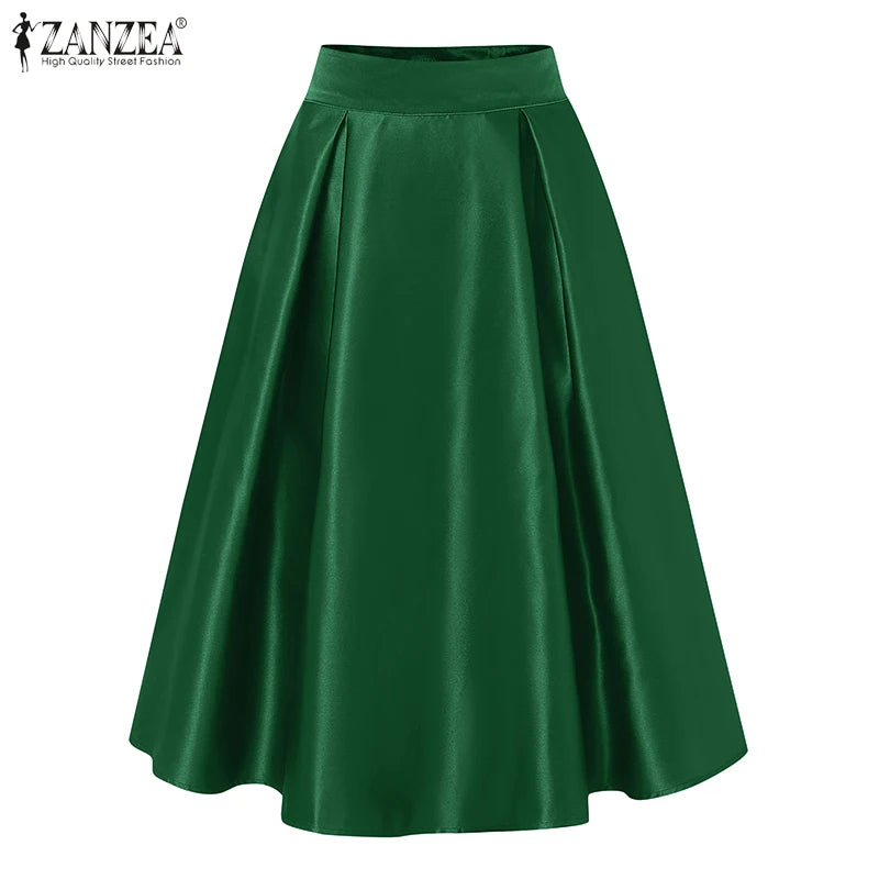 ZANZEA Vintage Solid Color Skirt Women Pleating Swing Jupe Party High Waisted Faldas Casual Loose Satin Silk A-line Overskirts