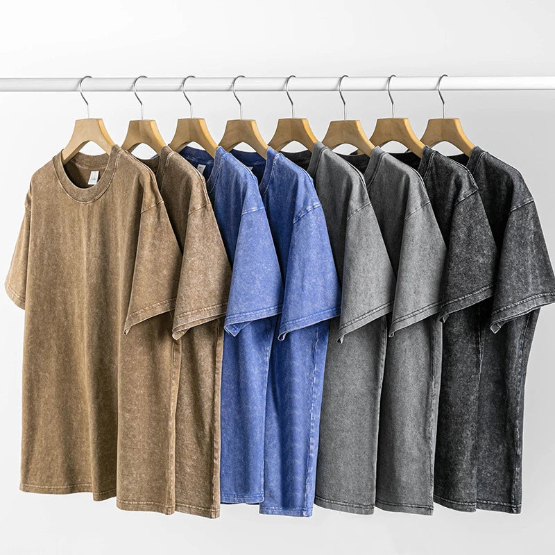 T-shirt for Men Cotton Loose O-Neck Solid Color Men's Casual Vintage Short Sleeve Tees Tops Hip Hop Streetwear Washed Tshirts