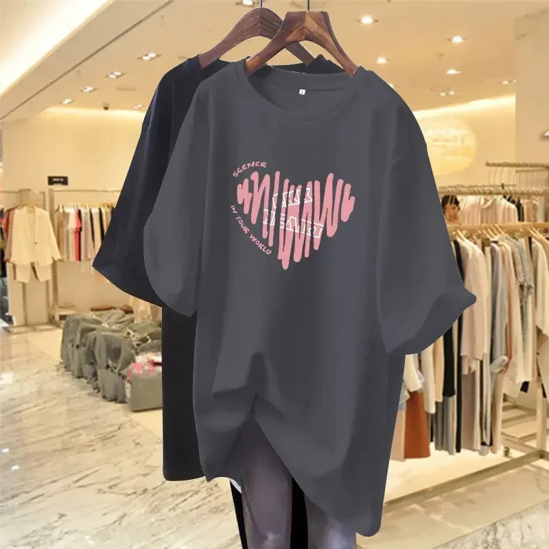 Pink Women's T-shirt Short Sleeve Medium-length Loose-fit Printing Heart Design European Style Casual Wear