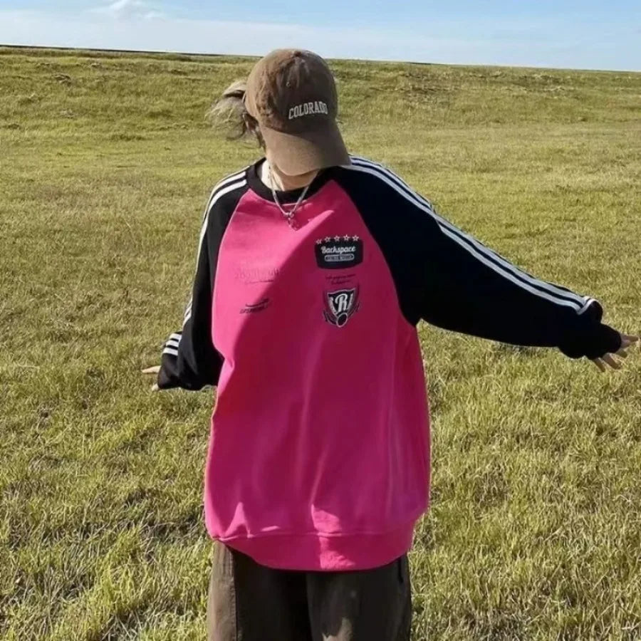 New American Retro Street Brand Color Matching Casual Color Matching Sweater Male Loose Couple Long Sleeve Racing Jacket Female