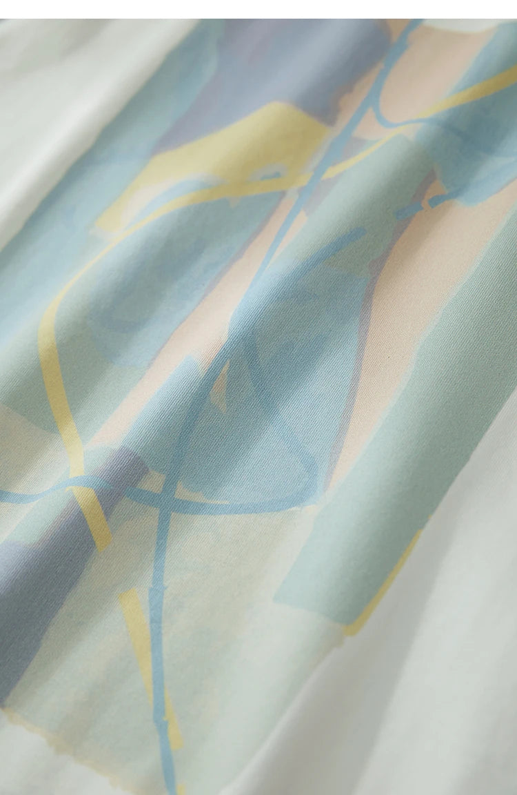 Amii Minimalist Summer T-shirt Women Irregular Design Tops Casual O-neck Abstract Print Loose Dropped Shoulder T-shirt 12522081