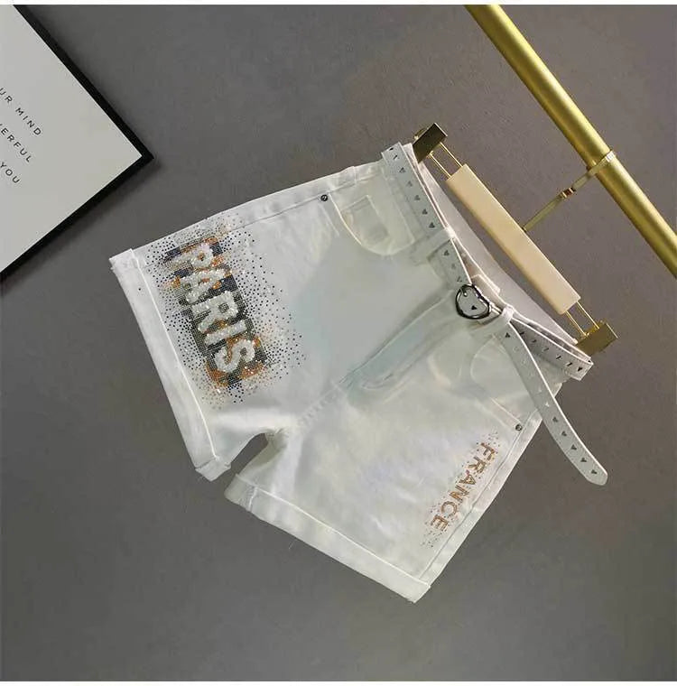 White Denim Shorts Women's 2023 Summer New European Station Loose High Waist Hot Pants Fashion Letter Diamond Jean Pants Ladies