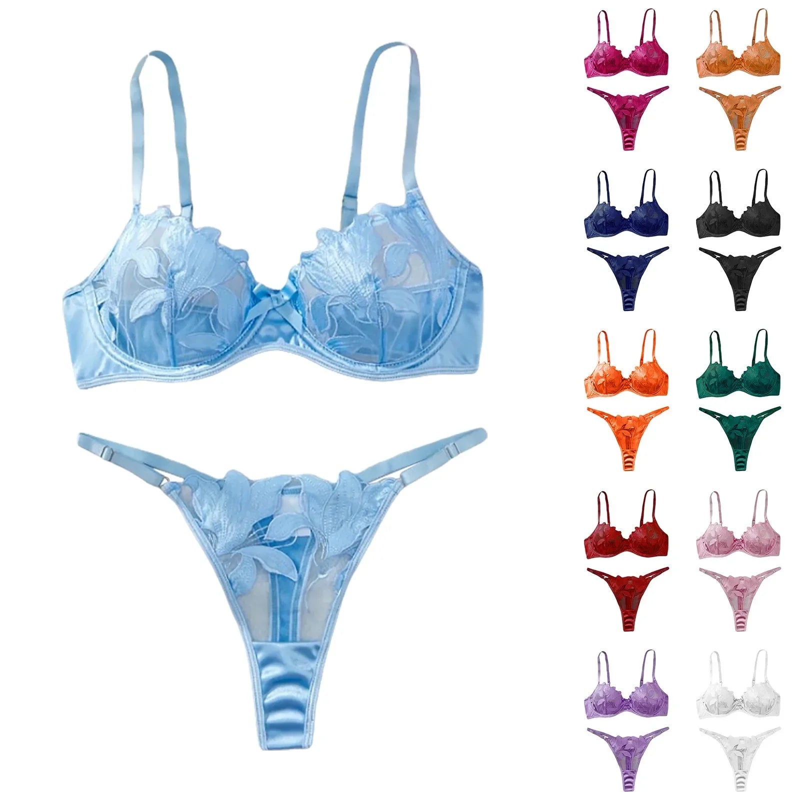 Women'S 2 Piece Lingerie Set Floral Embroidered Lace Sexy Satin Mesh Ingerie Bra And Panty Set Negligee Lingerie Sexy