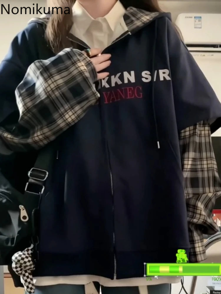 Patchwork Plaid Hoodies 2025 Women's Clothing Streetwear Fashion Sweatshirts Y2k Tops Thicked Hooded Casual Oversized Hoodie