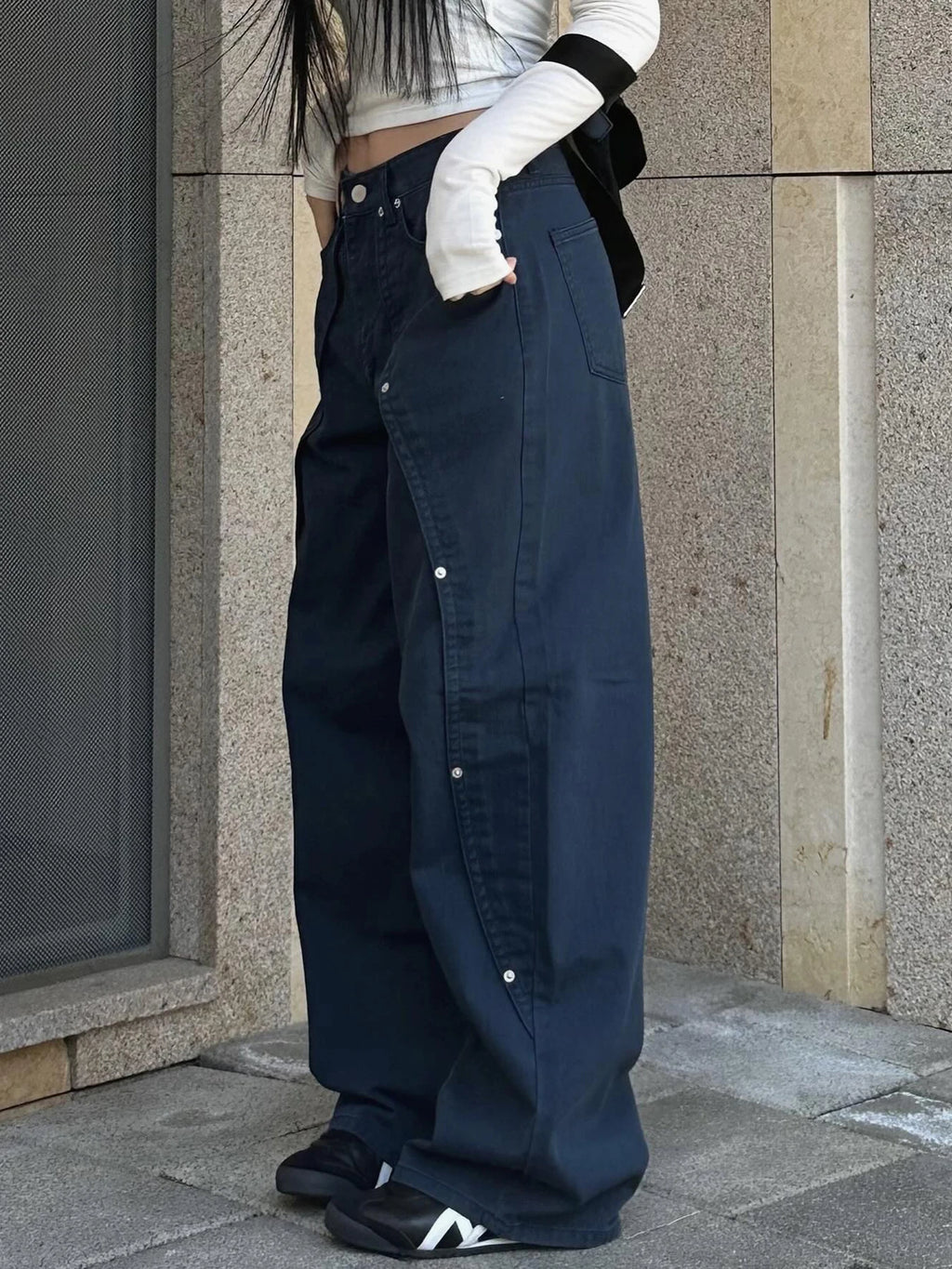 IAMSURE Casual Loose Rivet Jeans Wide Leg Pants Basic Low-Waisted Straight Pants Women 2025 Spring Autumn Streetwear Ladies