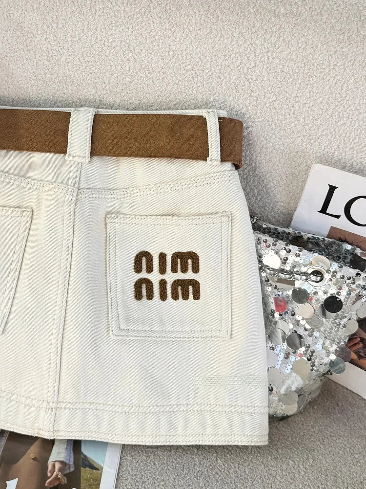 High Waist Embroidered Letter Denim  Skirt Slimming Women's Faion Commute Sle Cotton Blend ort Skirts