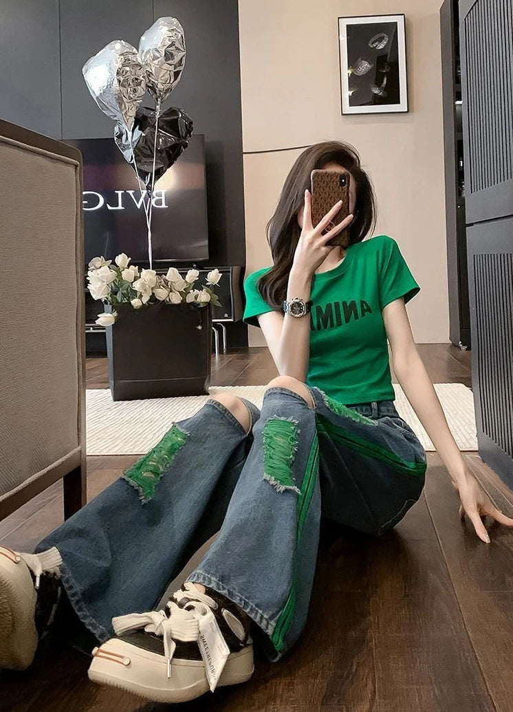 Wide Leg Denim Pants for Women Straight High Waist Shot Trousers Loosefit Fitted 2025 Quality Korean Fashion Woman Ripped Jeans