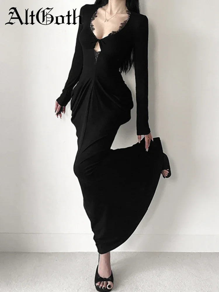 AltGoth Fairycore Grunge Elegant Midi Dress Women Mall Gothic Sexy Lace Patchwork Hollow Out Long Sleeve High Waist Corset Dress