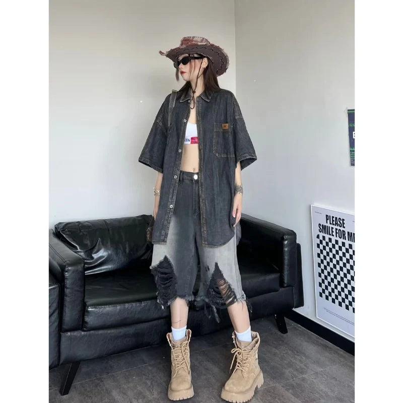 Zoki Harajuku Hole Y2K Denim Shorts Women Streetwear Vintage Gradient Jeans Shorts American Retro Bf Hip Hop Design Shorts New