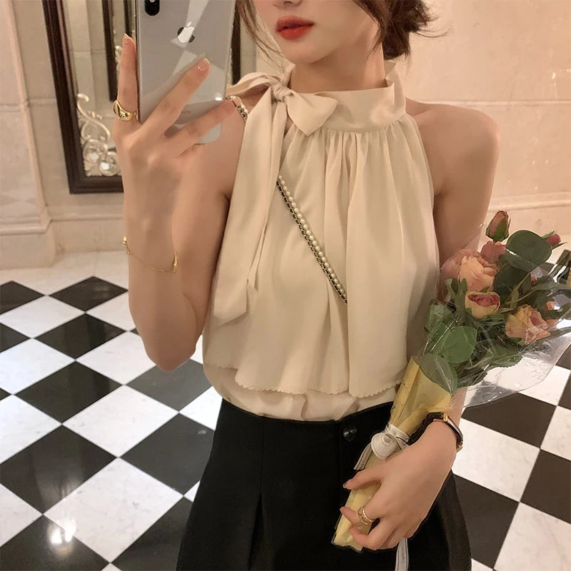 Korean Sle Pure Desire oulder Bared Chiffon Top Women's Summer Ne Hanging Belted Svel round Ne Dr