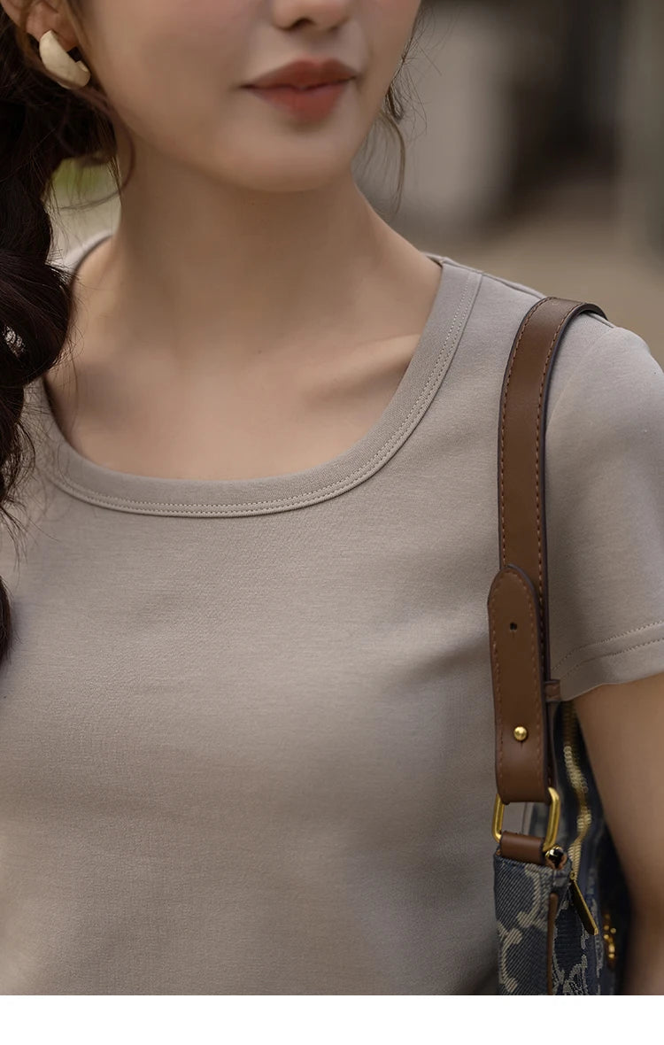 MISHOW Short Sleeve T-shirts Women Spring Solid Square-neck Top Elegant Woman Clothes Office Lady Cotton Tees MXC12T0641