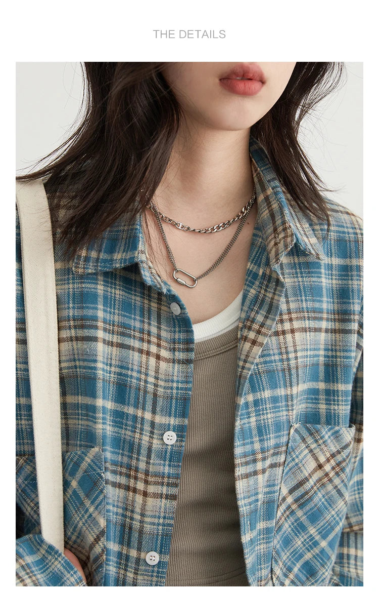 CHIC VEN Women's Cotton Shirt Single Breasted Loose New Retro Color Blocked Grid Female Blouses Autumn Spring 2024