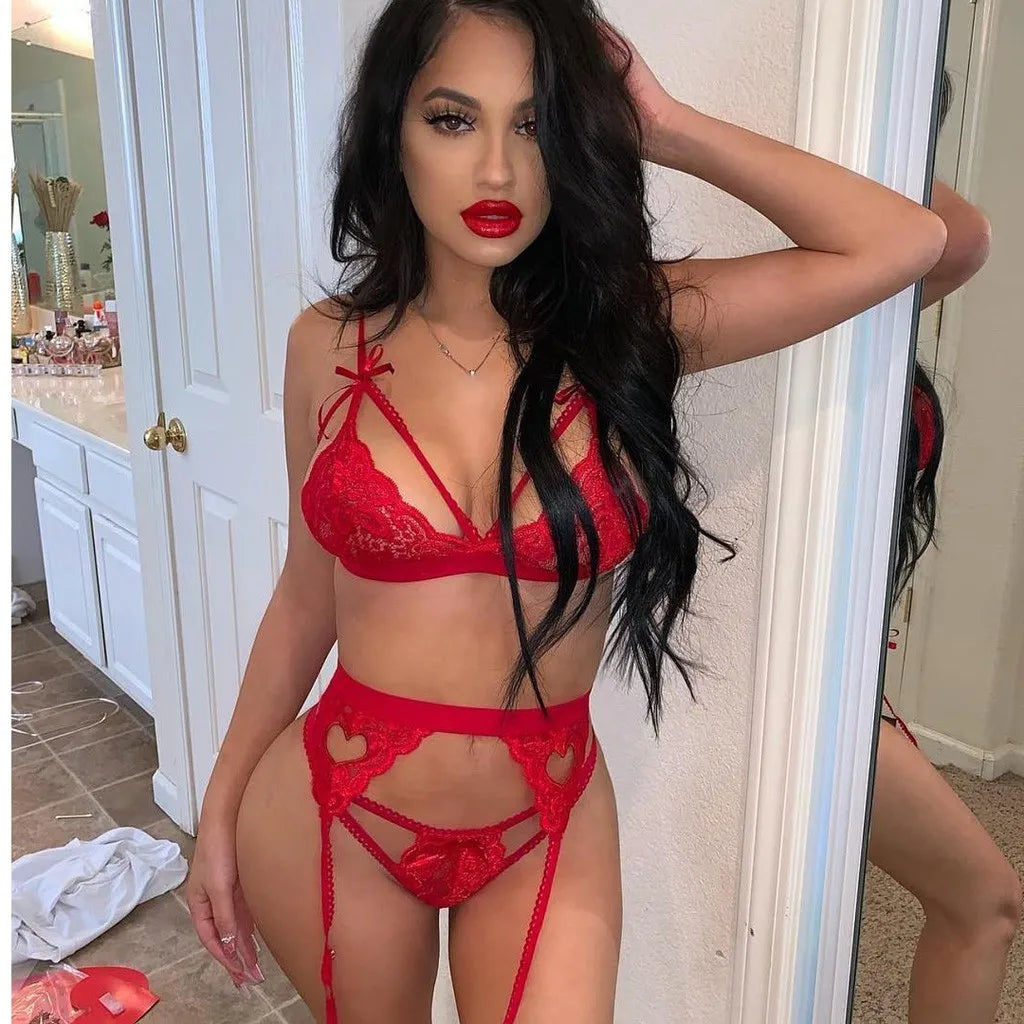 Leechee Sexy Women's Underwear Floral Lace Lingerie Set With Garter Black Wire Free Brassiere Transparent Underwear Bra Sets