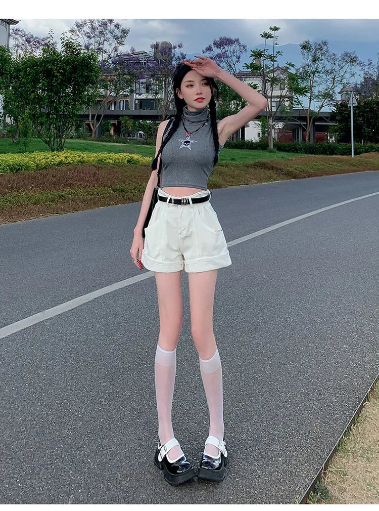 Women's Wine Red Denim Shorts High Waist Wide Shorts Harajuku Streetwear Korean Style Y2k Casual Blue A Line Jean Shorts Summer