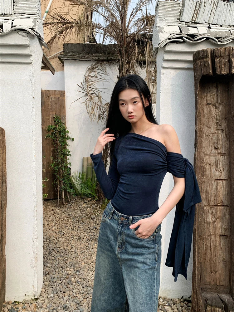 CHEERART Off The Shoulder Designer Top For Women 2024 Long Sleeve T Shirt Fashion Tees Kintted Top Fall Clothes