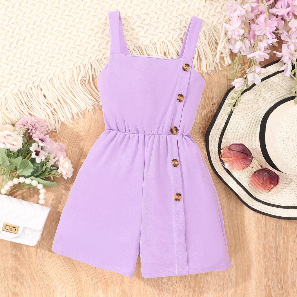Girls Casual Solid Button Decor Sleeveless Jumpsuit Romper For Summer Gift
