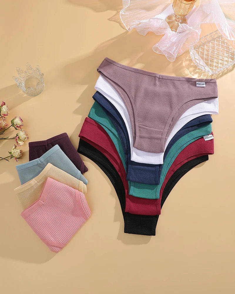 6PCS/SET Women's Waffle Cotton V-Waist Panties Multi-Color High Elasticity Brazilian Bikini Lingerie Set Sexy Female Underwear