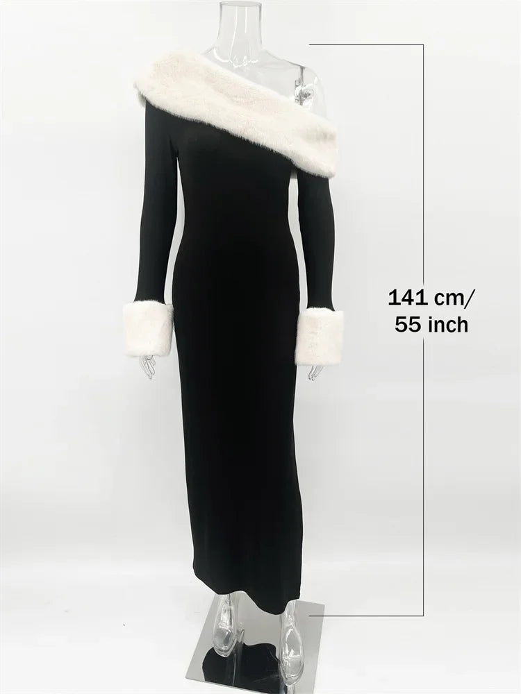 Tossy Fluffy Winter Slim Maxi Dress Female High Waist Long Sleeve Sexy Off-Shoulder Patchwork Bodycon Dress Ladies Party Dress