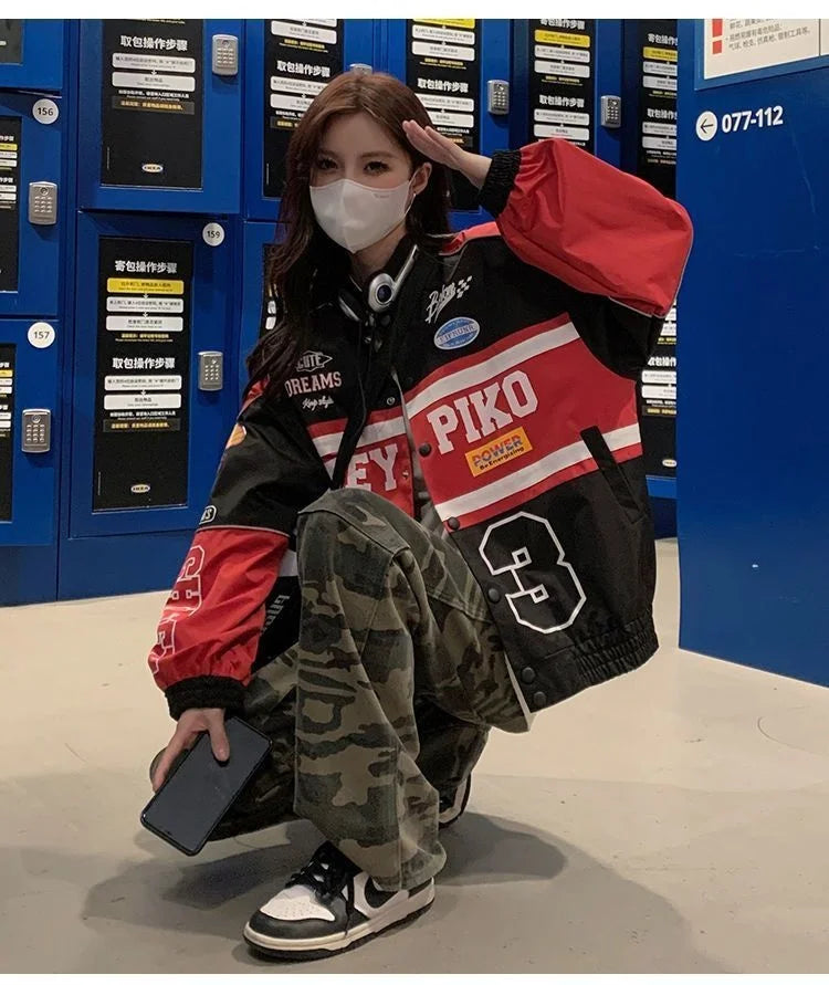 2023 Y2k Red White Bomber F1 Jacket Women Men Biker Racer Jacket Retro Hip Hop Grunge Clothes Trend Oversize Windbreaker Varsity