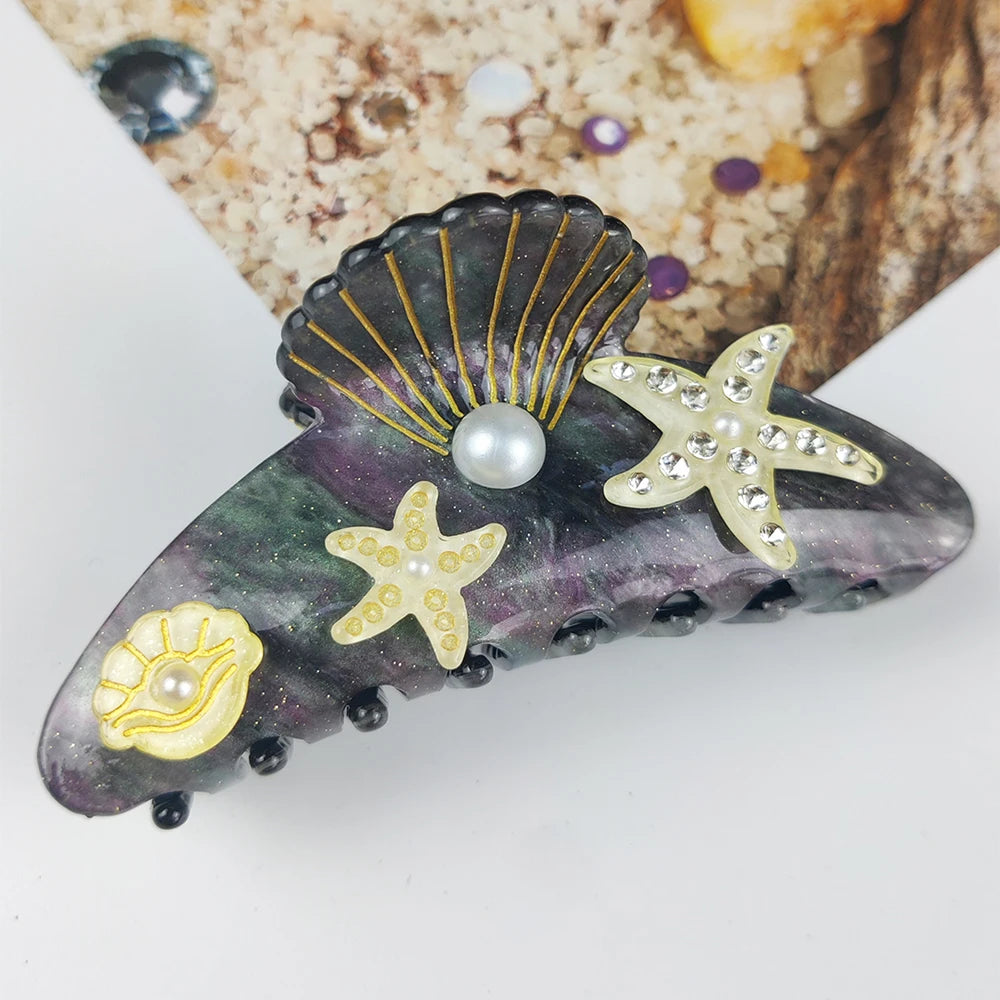 Sea Series Large Hair Claws Clip Diamond Starfish Conch Hair Clips Acetate Hair Accessories Handmade
